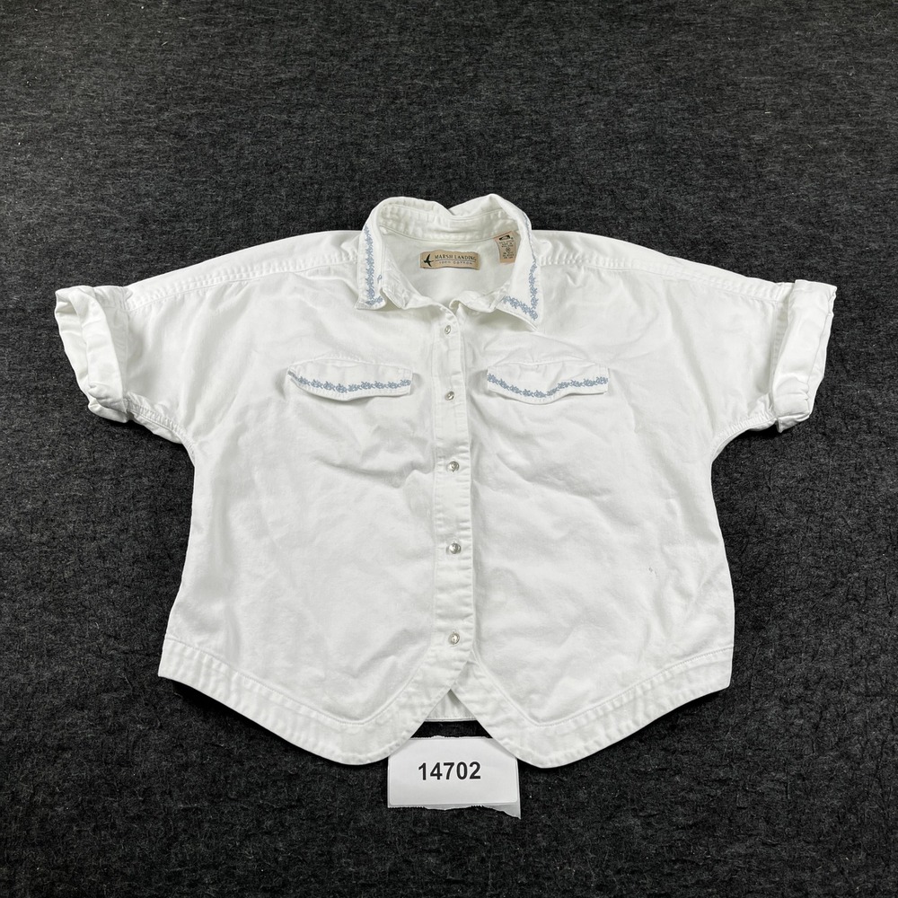 Vintage Marsh Landing Button Up Women M White Embroidered Denim Top